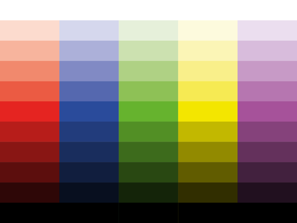 Color palette: Vibrant hues of red, blue, green, yellow, and violet arranged in a gradient from white to black.